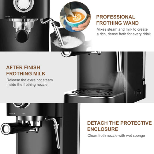 Espresso Machine 20 Bar Coffee Machine With Foaming Milk Frother Wand, 1450W High Performance No-Leaking 1.25 Liters Removable Water Tank Coffee Maker For Espresso, Cappuccino, Latte, Machiato, For Home Barista