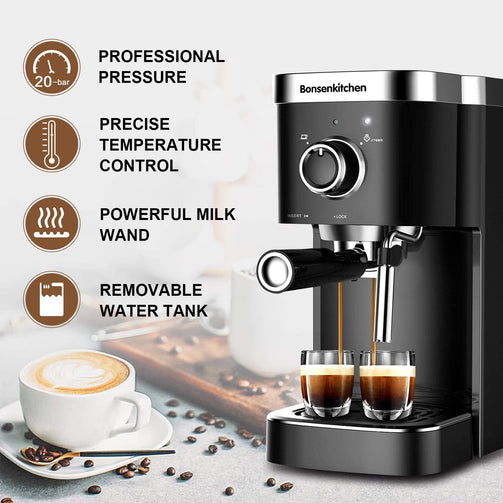 Espresso Machine 20 Bar Coffee Machine With Foaming Milk Frother Wand, 1450W High Performance No-Leaking 1.25 Liters Removable Water Tank Coffee Maker For Espresso, Cappuccino, Latte, Machiato, For Home Barista